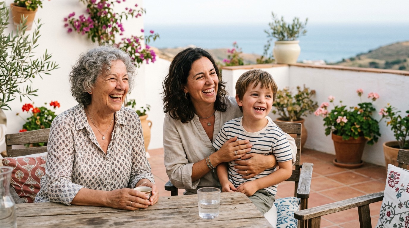 Abuela, madre y niño riendo en una terraza